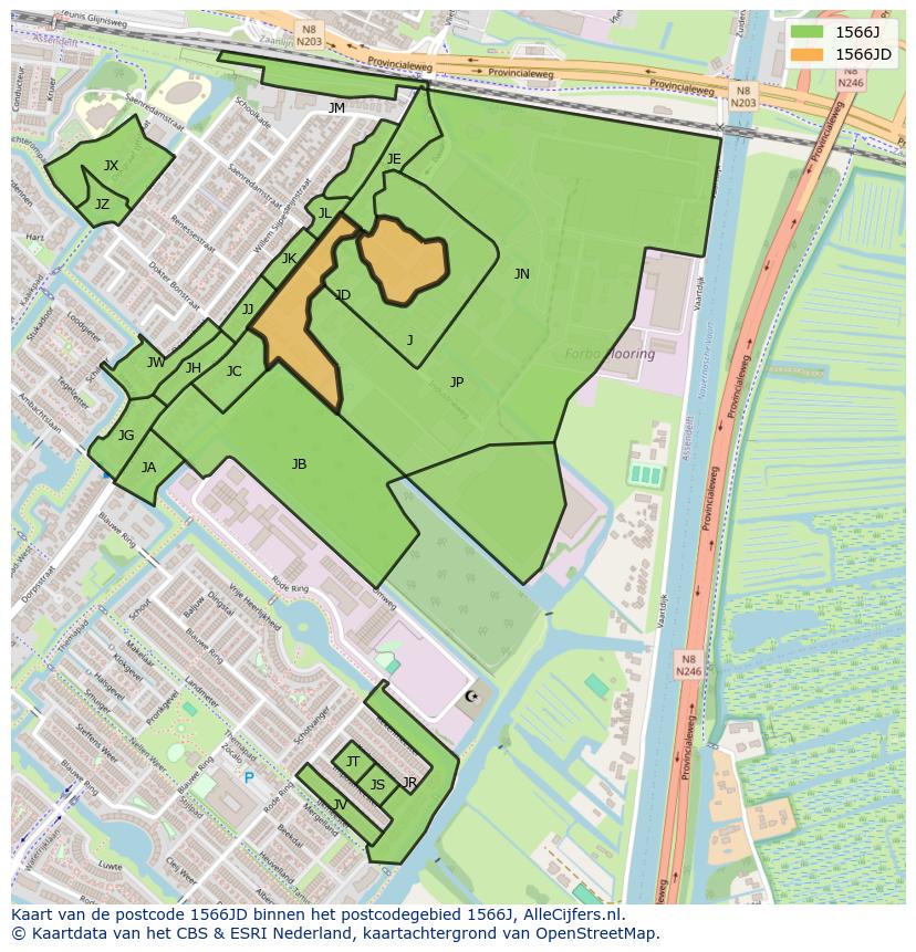 Afbeelding van het postcodegebied 1566 JD op de kaart.