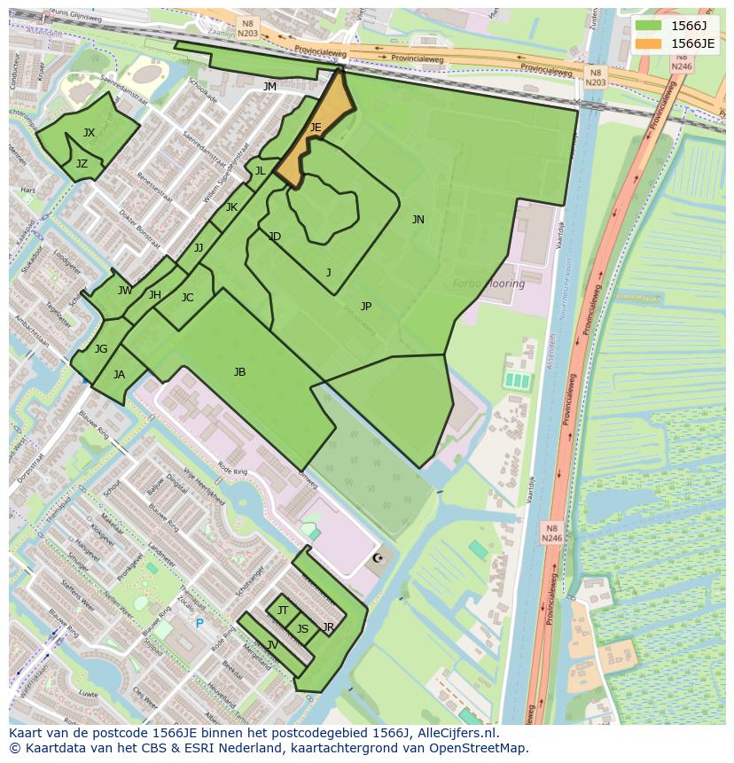 Afbeelding van het postcodegebied 1566 JE op de kaart.