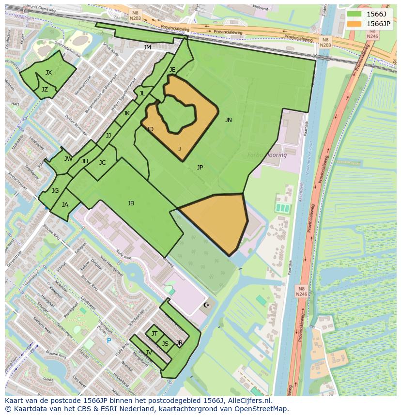 Afbeelding van het postcodegebied 1566 JP op de kaart.
