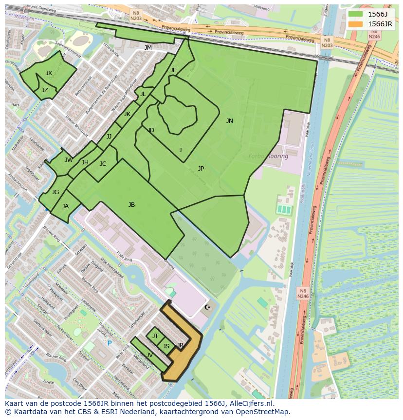 Afbeelding van het postcodegebied 1566 JR op de kaart.