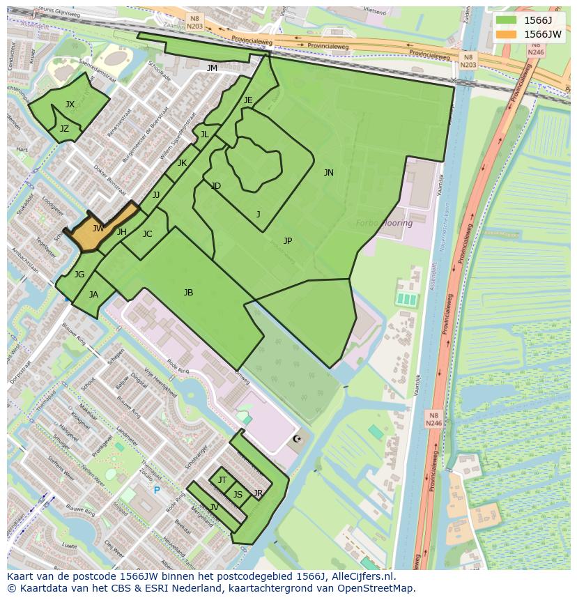Afbeelding van het postcodegebied 1566 JW op de kaart.