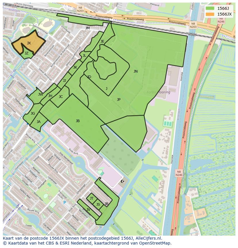 Afbeelding van het postcodegebied 1566 JX op de kaart.