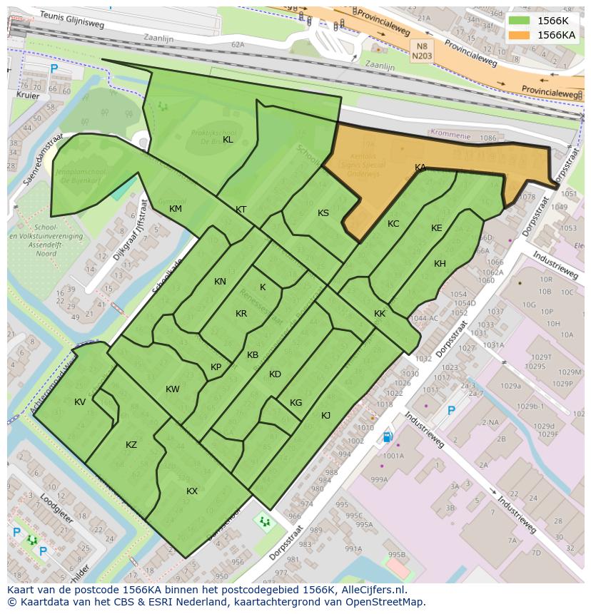 Afbeelding van het postcodegebied 1566 KA op de kaart.