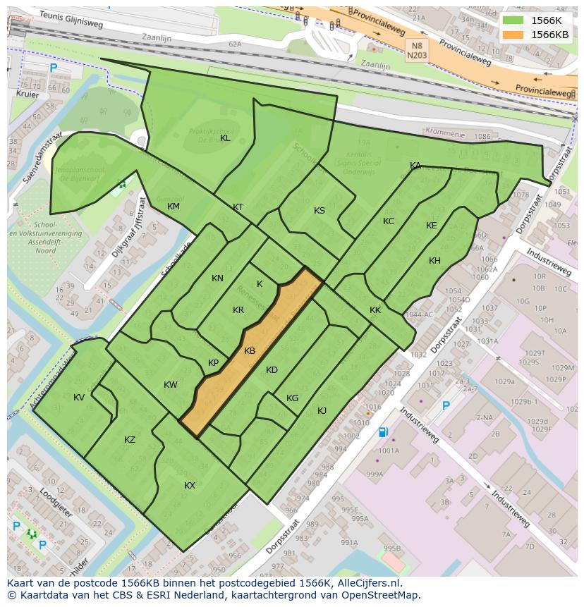 Afbeelding van het postcodegebied 1566 KB op de kaart.