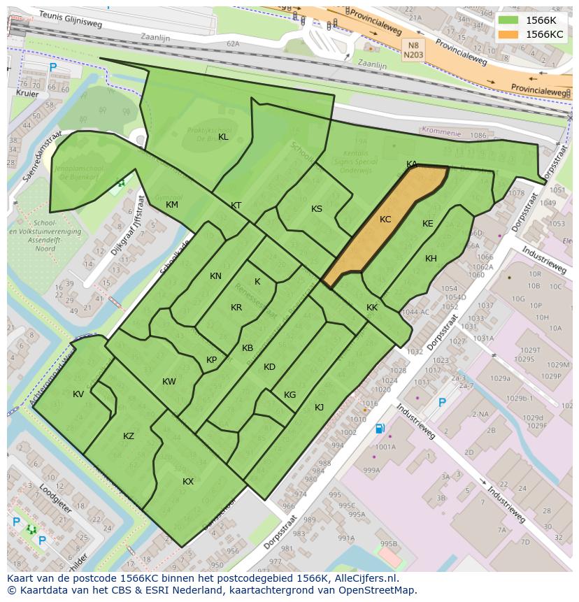 Afbeelding van het postcodegebied 1566 KC op de kaart.
