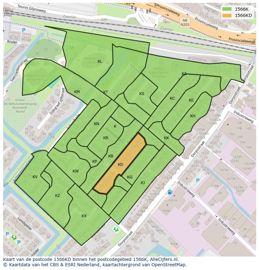 Afbeelding van het postcodegebied 1566 KD op de kaart.