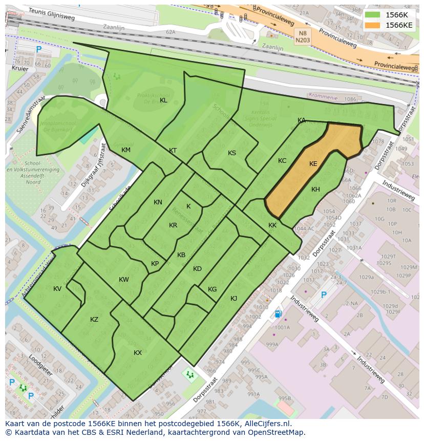 Afbeelding van het postcodegebied 1566 KE op de kaart.