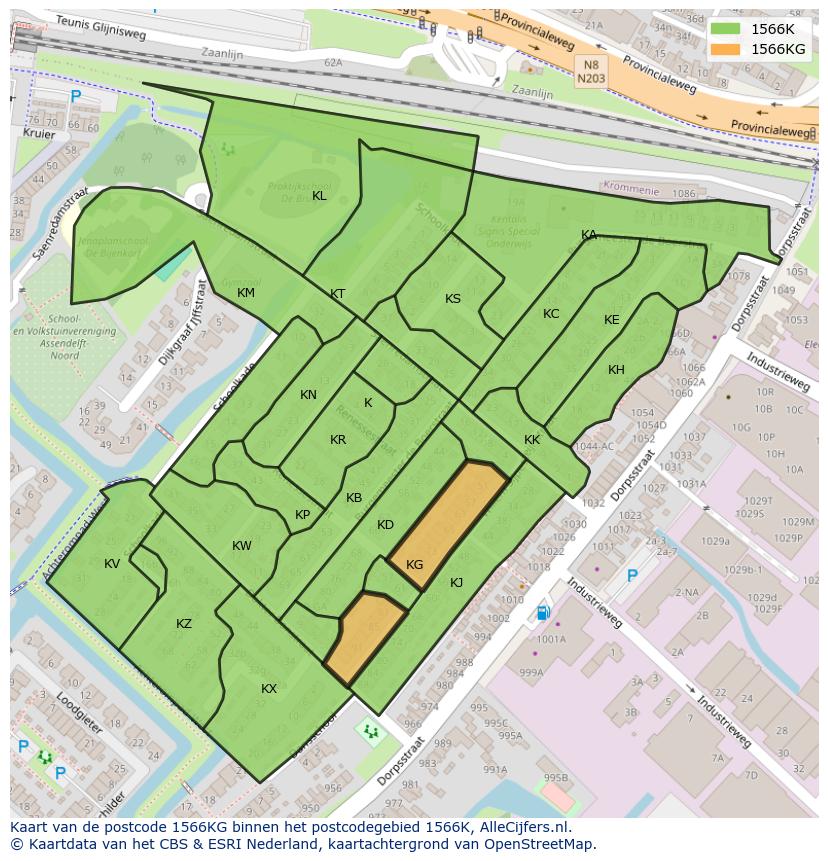 Afbeelding van het postcodegebied 1566 KG op de kaart.
