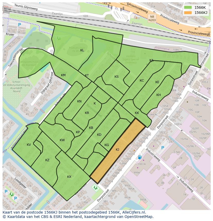 Afbeelding van het postcodegebied 1566 KJ op de kaart.