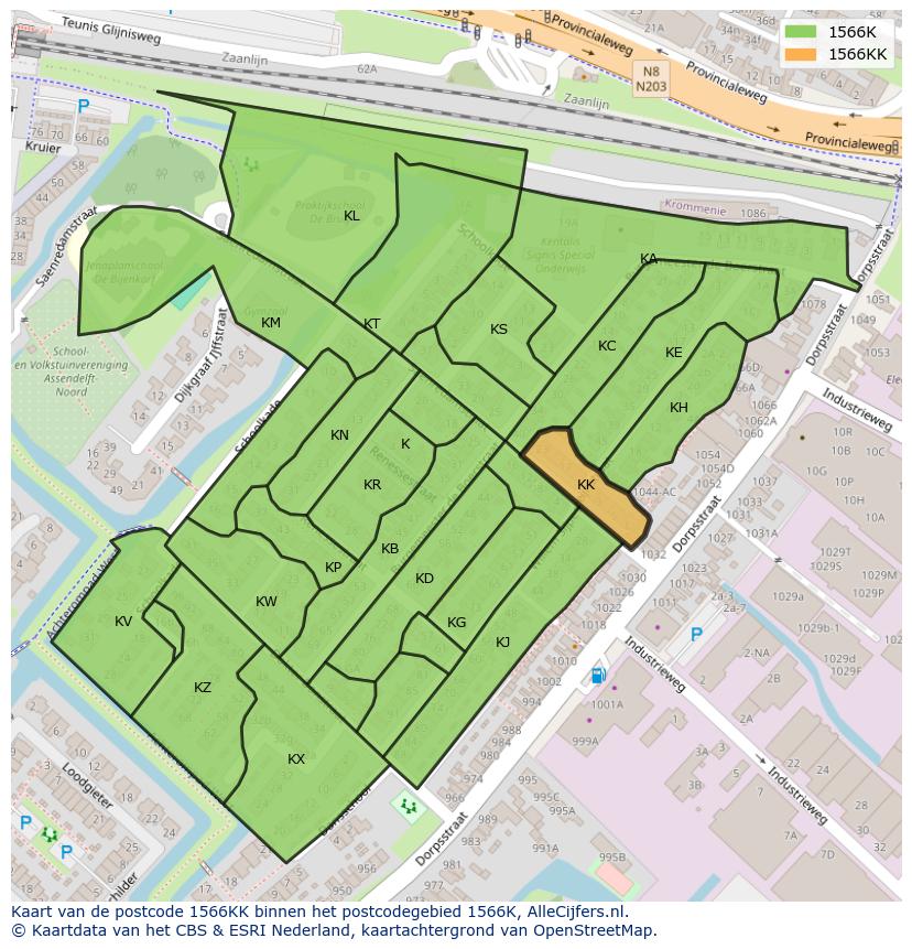 Afbeelding van het postcodegebied 1566 KK op de kaart.