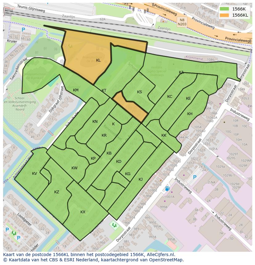 Afbeelding van het postcodegebied 1566 KL op de kaart.