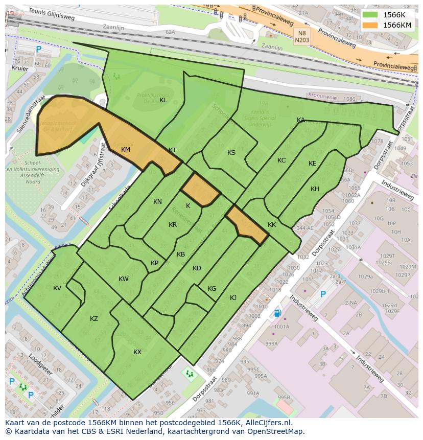 Afbeelding van het postcodegebied 1566 KM op de kaart.