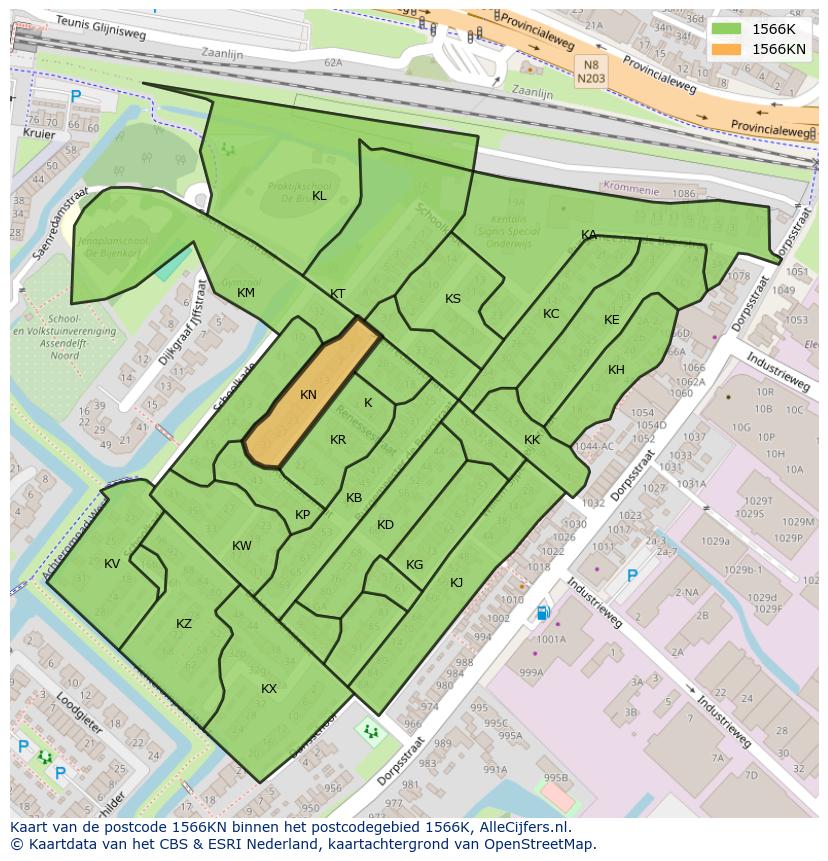 Afbeelding van het postcodegebied 1566 KN op de kaart.