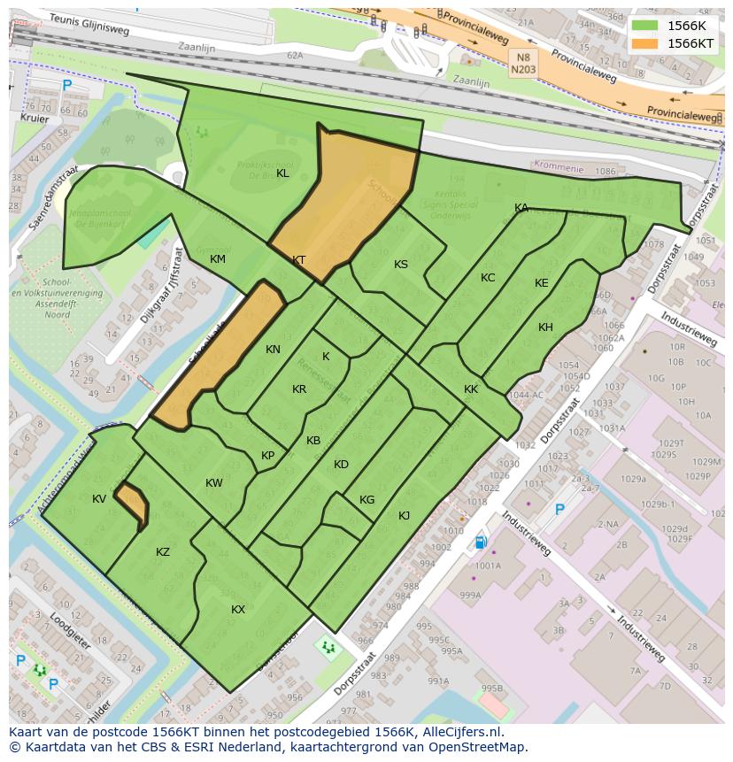 Afbeelding van het postcodegebied 1566 KT op de kaart.
