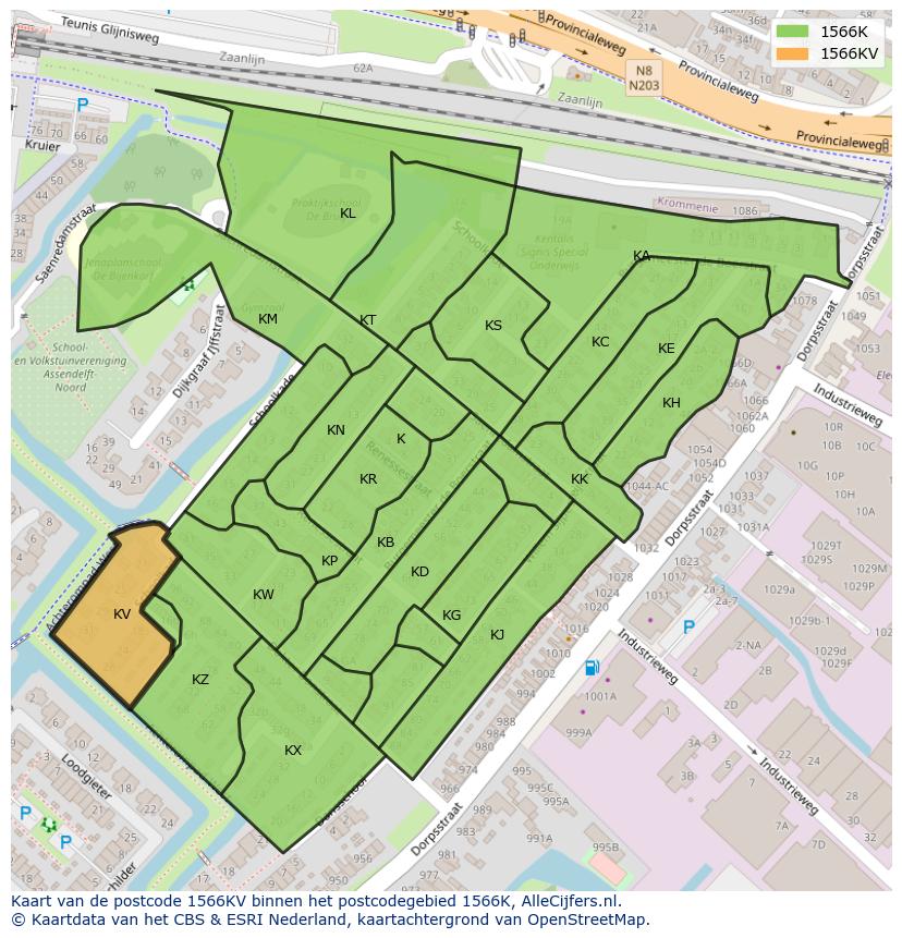 Afbeelding van het postcodegebied 1566 KV op de kaart.