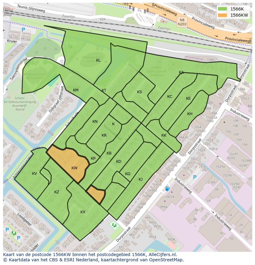 Afbeelding van het postcodegebied 1566 KW op de kaart.