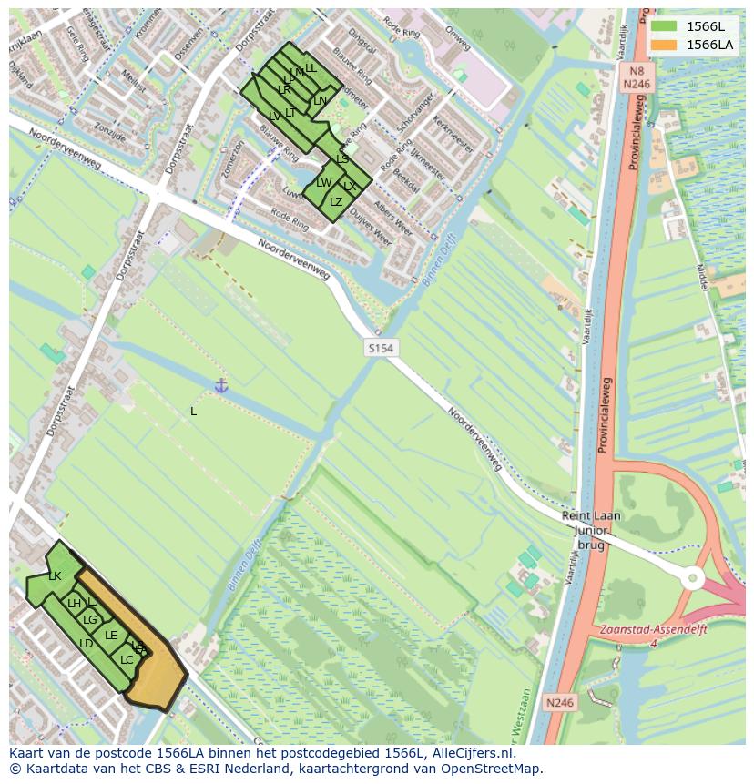 Afbeelding van het postcodegebied 1566 LA op de kaart.