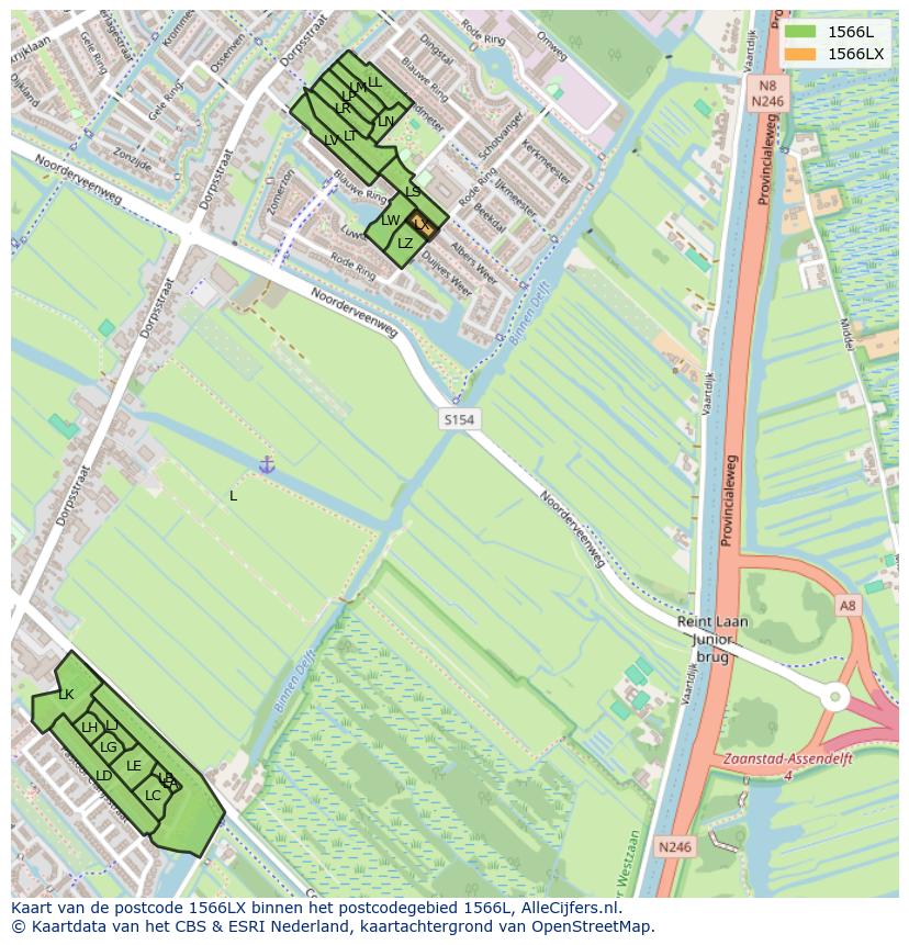 Afbeelding van het postcodegebied 1566 LX op de kaart.