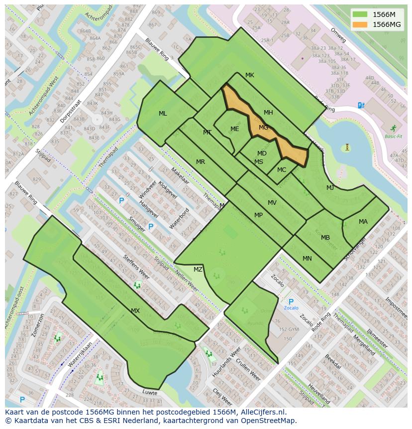 Afbeelding van het postcodegebied 1566 MG op de kaart.