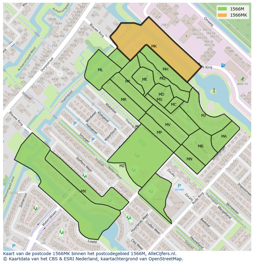 Afbeelding van het postcodegebied 1566 MK op de kaart.