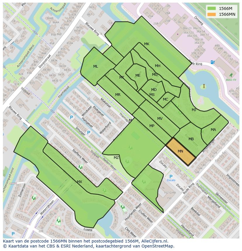 Afbeelding van het postcodegebied 1566 MN op de kaart.