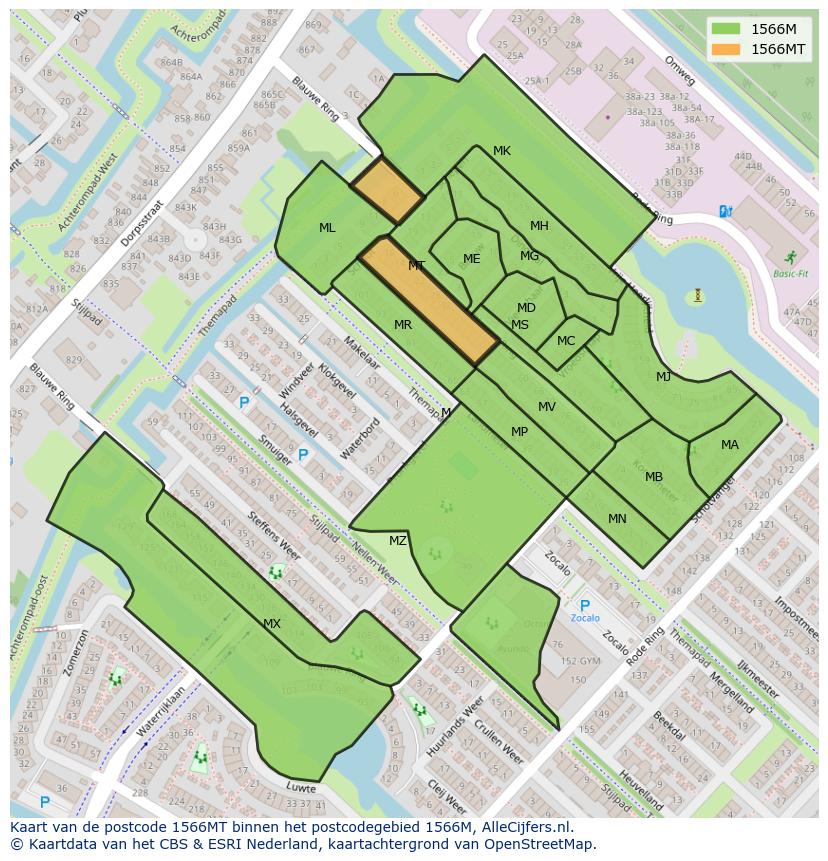Afbeelding van het postcodegebied 1566 MT op de kaart.