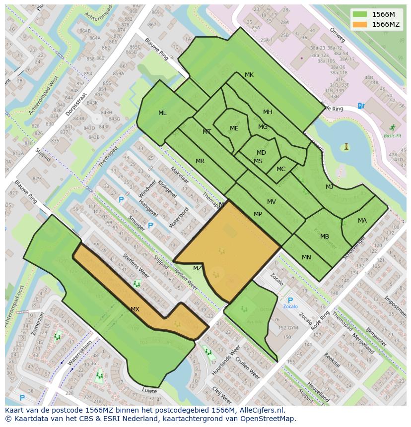 Afbeelding van het postcodegebied 1566 MZ op de kaart.