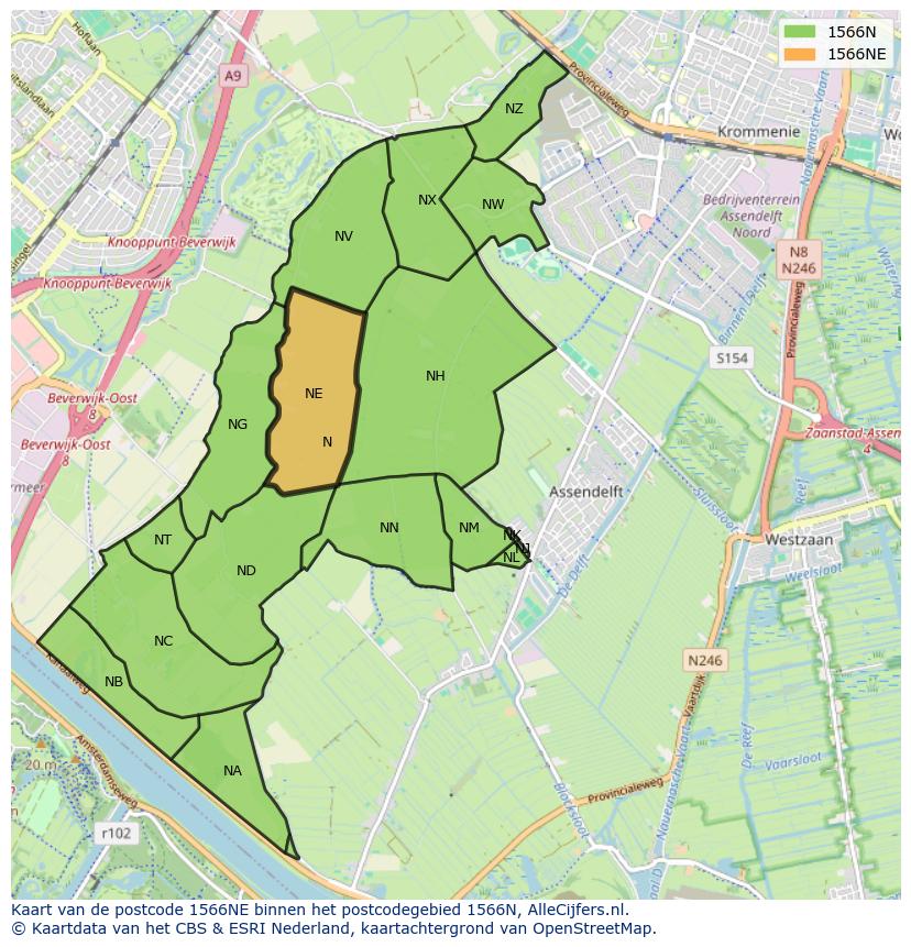 Afbeelding van het postcodegebied 1566 NE op de kaart.