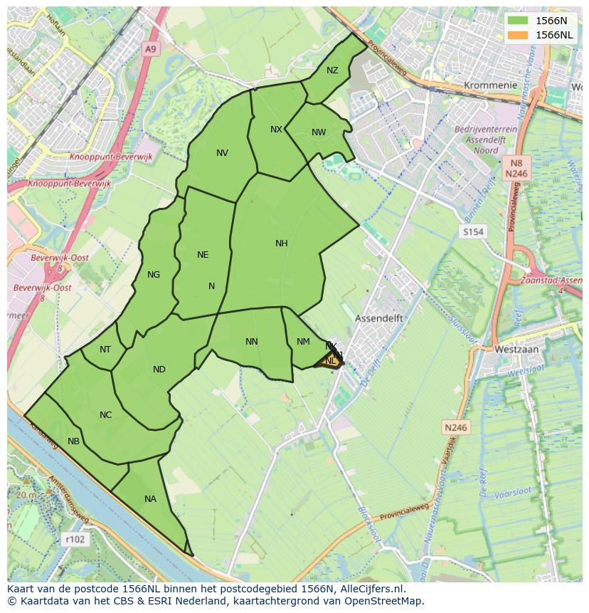 Afbeelding van het postcodegebied 1566 NL op de kaart.