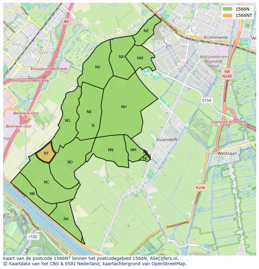 Afbeelding van het postcodegebied 1566 NT op de kaart.
