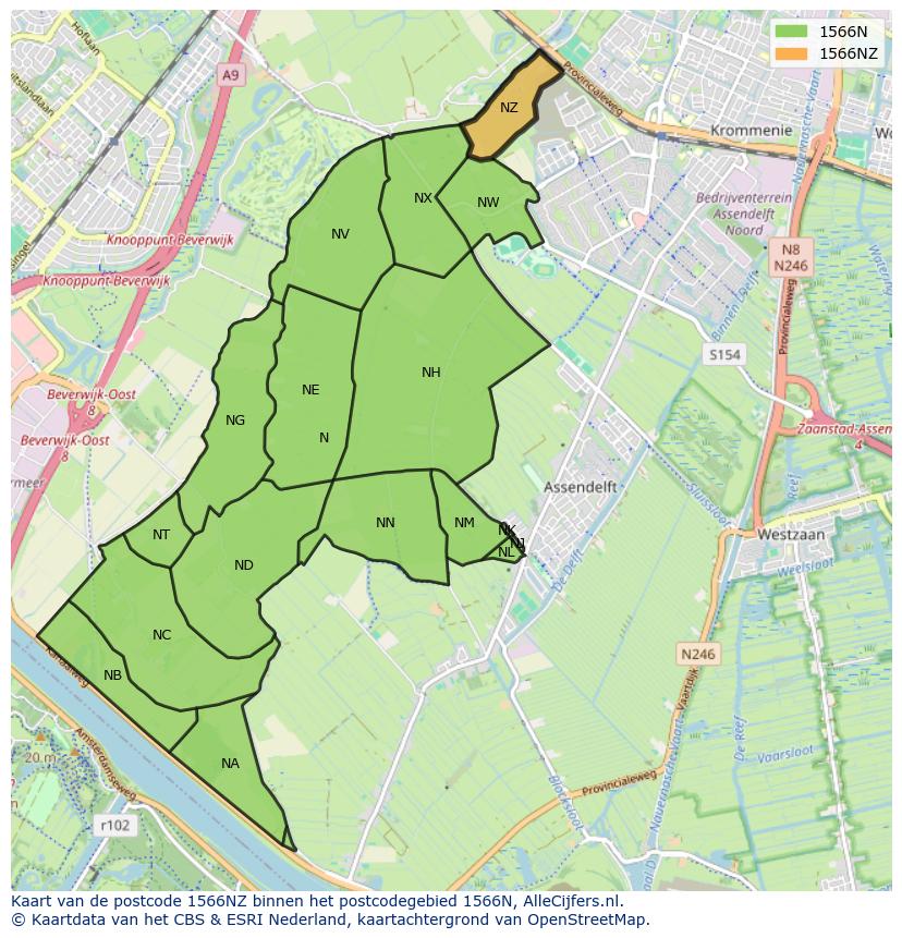 Afbeelding van het postcodegebied 1566 NZ op de kaart.