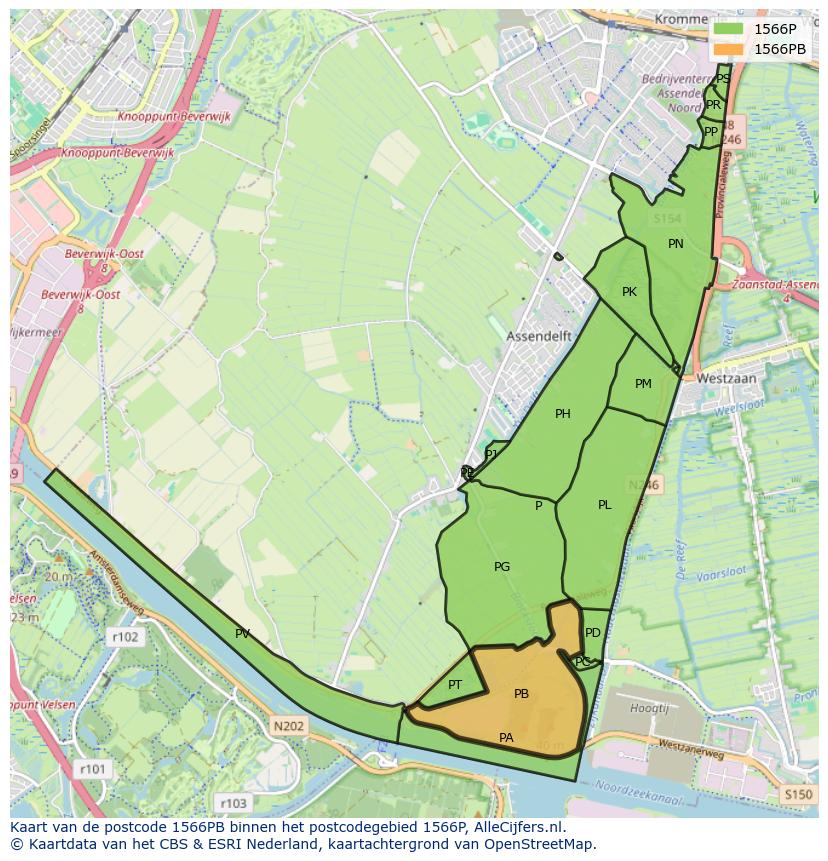 Afbeelding van het postcodegebied 1566 PB op de kaart.