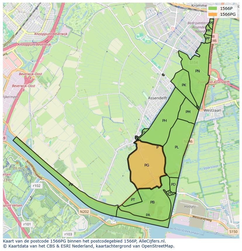 Afbeelding van het postcodegebied 1566 PG op de kaart.