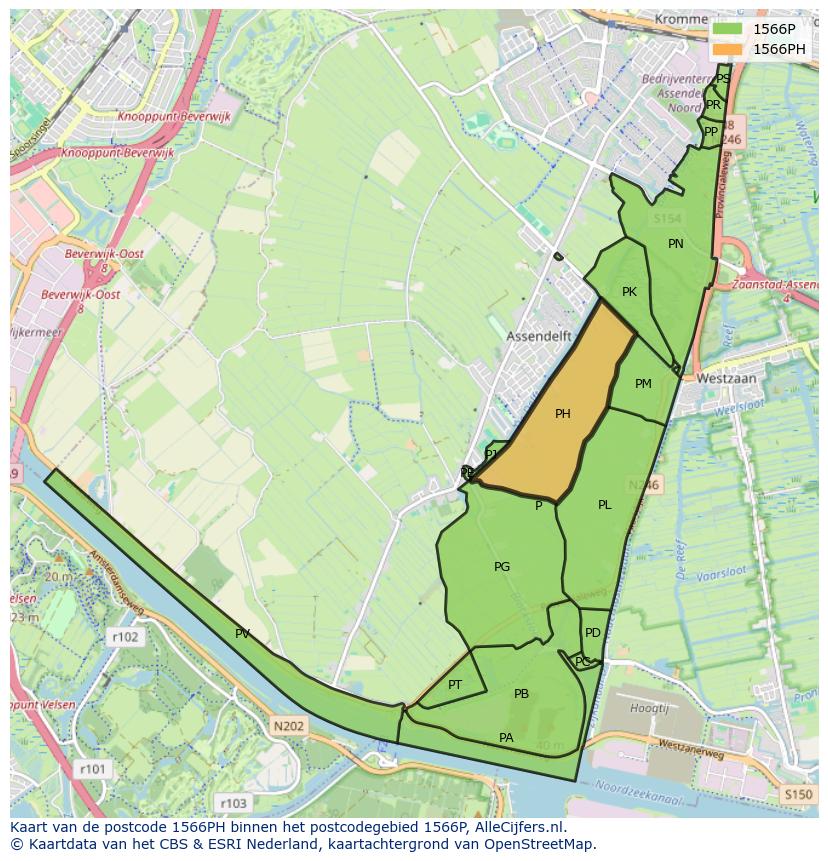 Afbeelding van het postcodegebied 1566 PH op de kaart.
