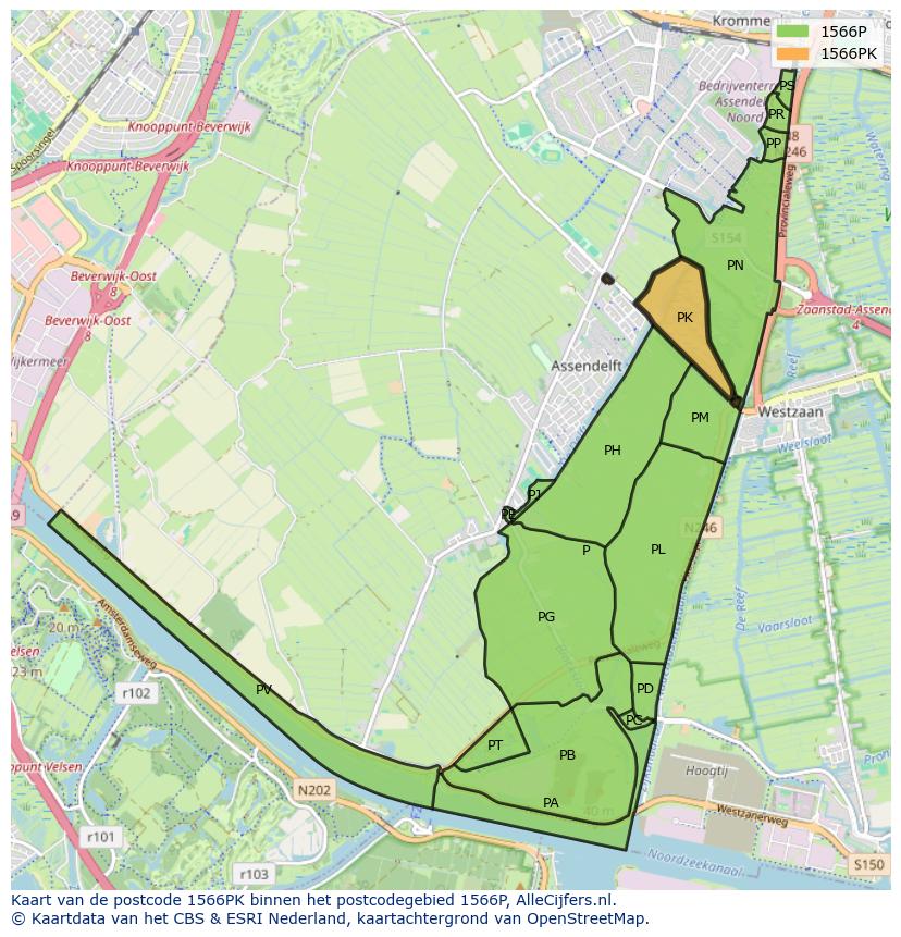 Afbeelding van het postcodegebied 1566 PK op de kaart.