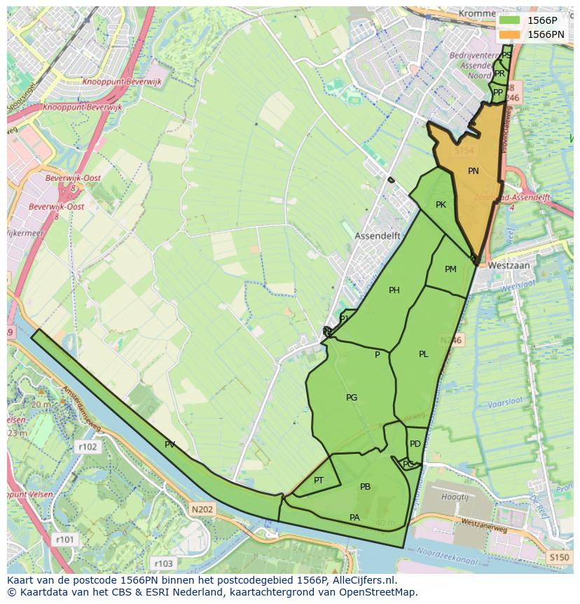 Afbeelding van het postcodegebied 1566 PN op de kaart.
