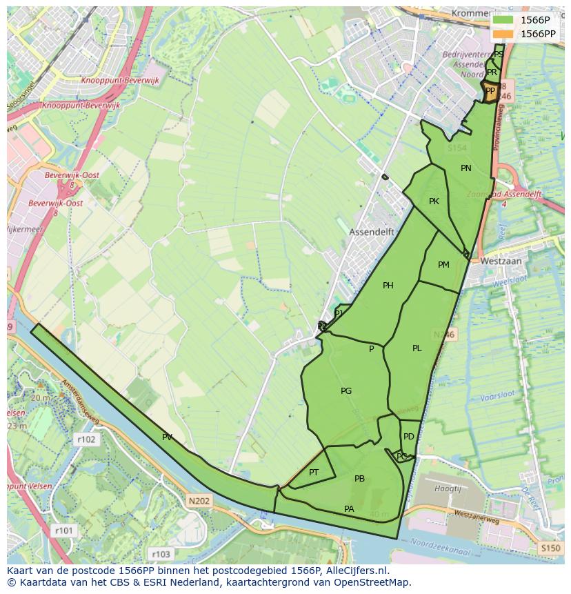 Afbeelding van het postcodegebied 1566 PP op de kaart.