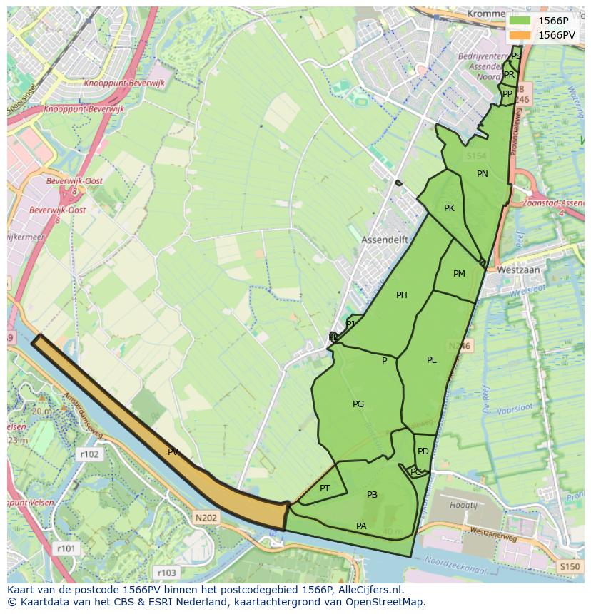 Afbeelding van het postcodegebied 1566 PV op de kaart.