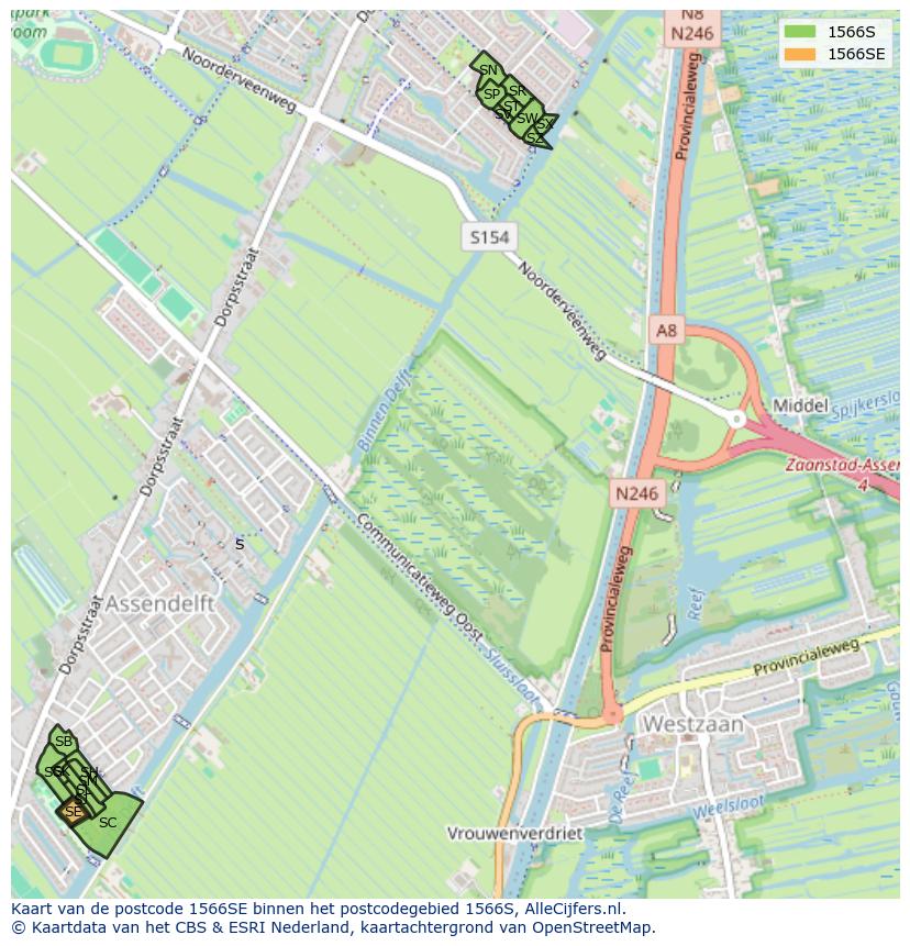 Afbeelding van het postcodegebied 1566 SE op de kaart.