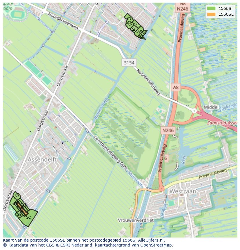 Afbeelding van het postcodegebied 1566 SL op de kaart.