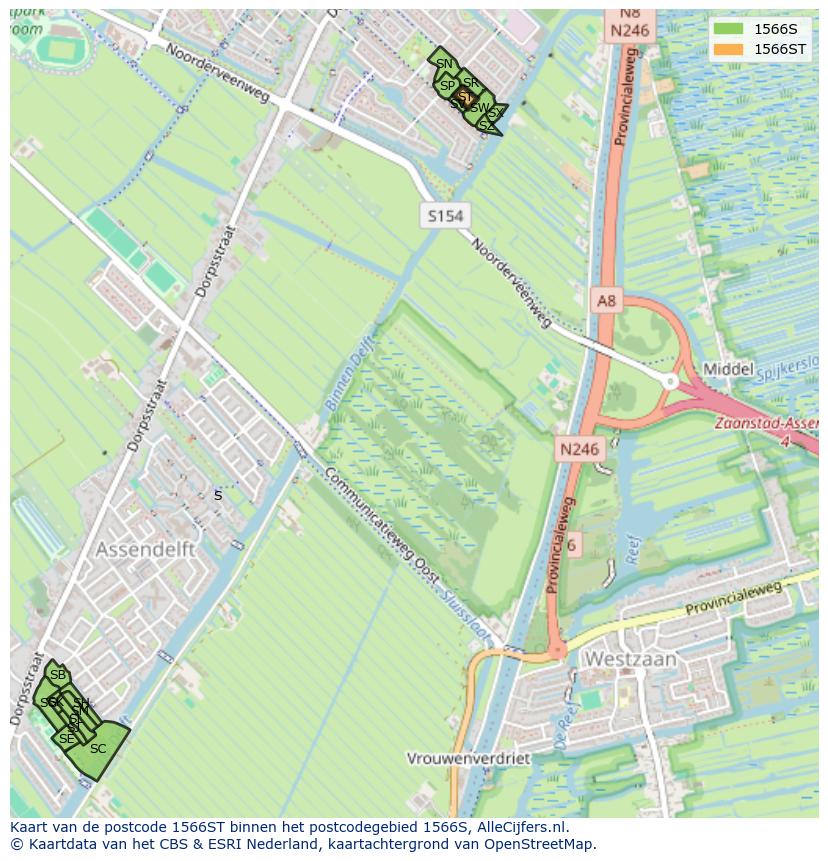 Afbeelding van het postcodegebied 1566 ST op de kaart.