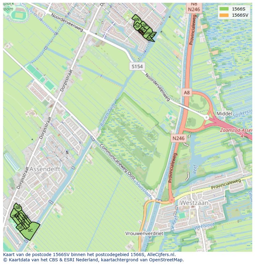 Afbeelding van het postcodegebied 1566 SV op de kaart.