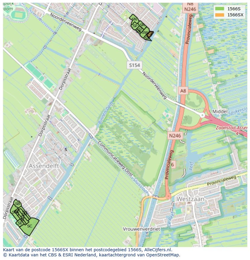 Afbeelding van het postcodegebied 1566 SX op de kaart.