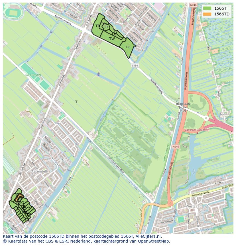 Afbeelding van het postcodegebied 1566 TD op de kaart.