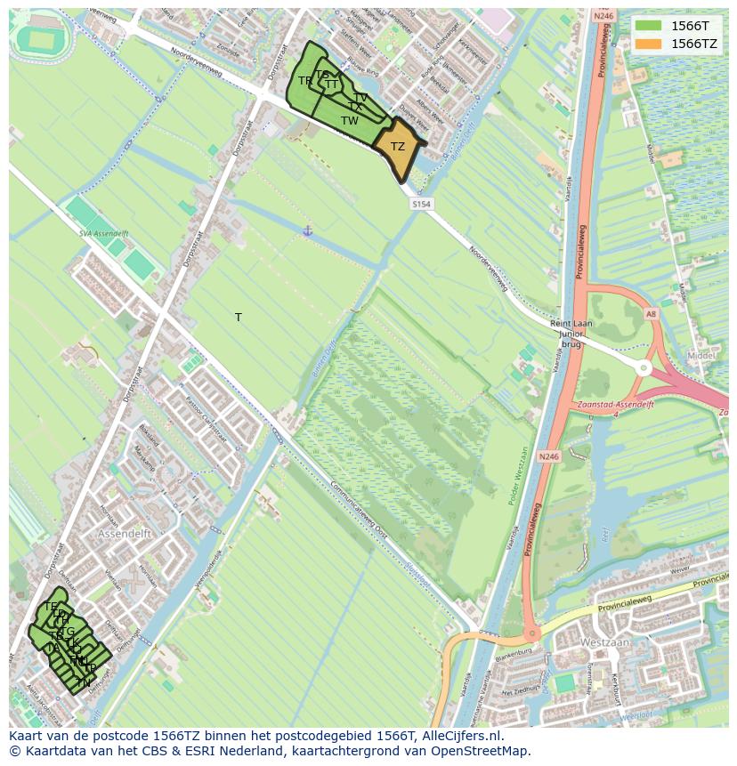 Afbeelding van het postcodegebied 1566 TZ op de kaart.