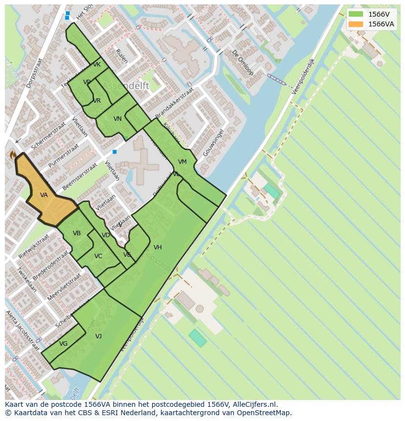 Afbeelding van het postcodegebied 1566 VA op de kaart.