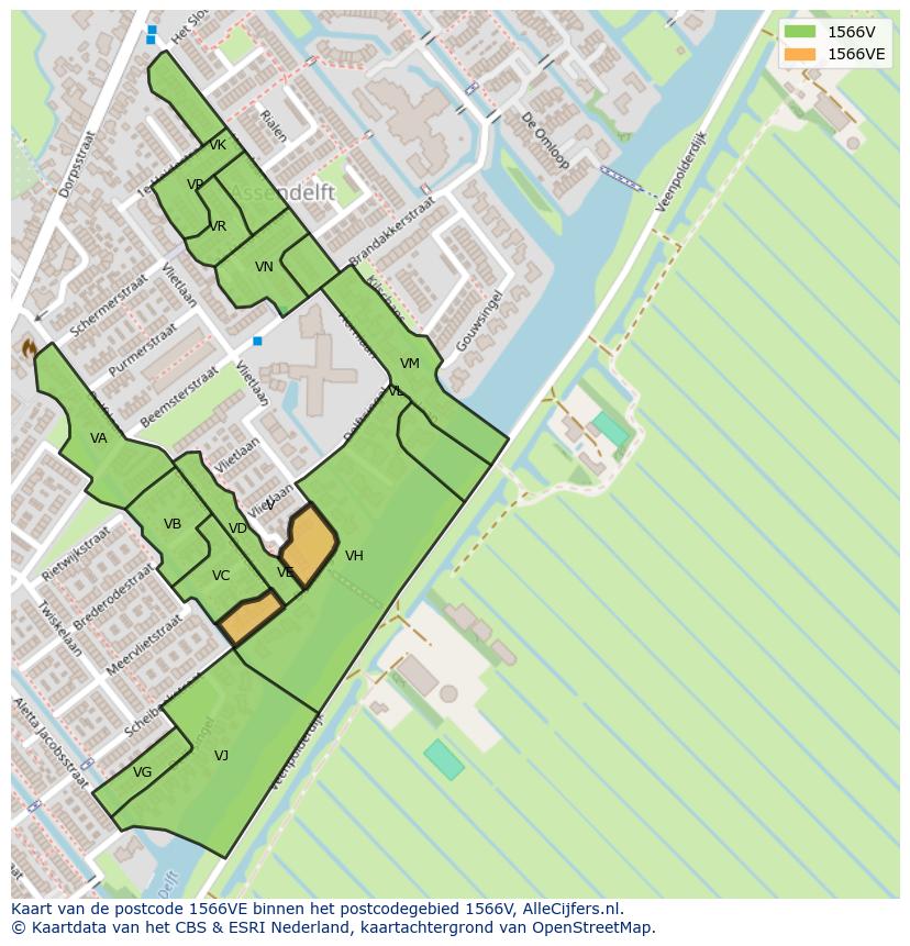 Afbeelding van het postcodegebied 1566 VE op de kaart.