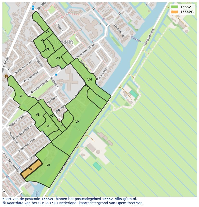 Afbeelding van het postcodegebied 1566 VG op de kaart.
