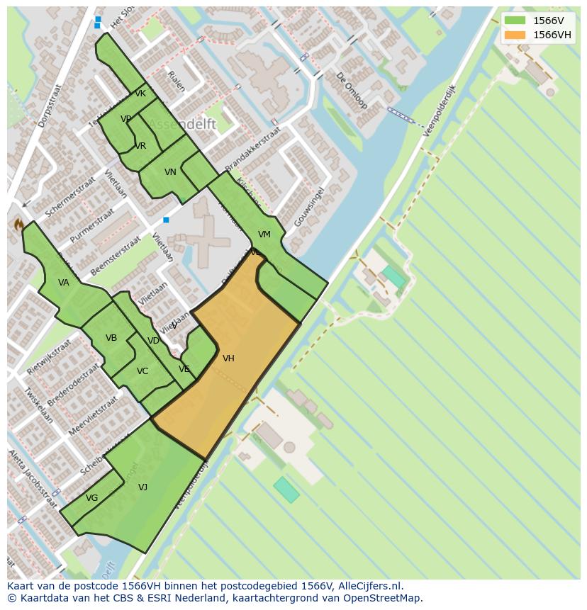 Afbeelding van het postcodegebied 1566 VH op de kaart.