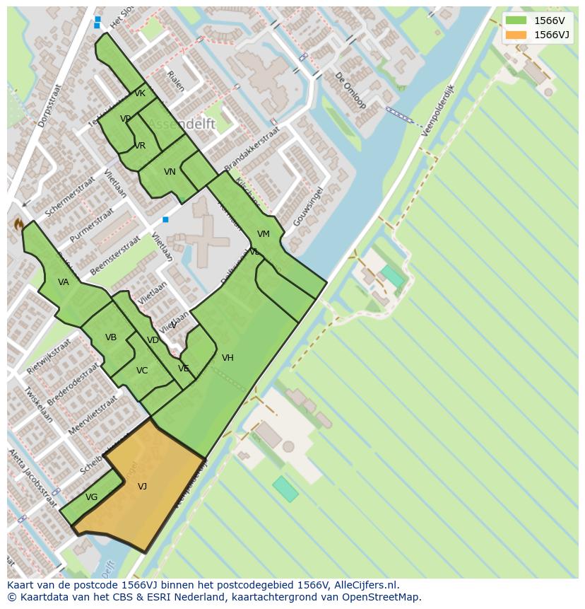 Afbeelding van het postcodegebied 1566 VJ op de kaart.